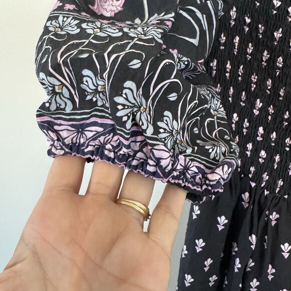 NEW Anthropologie Smocked Black Floral Midi Dress Short Sleeve Size Small $180 - Picture 10 of 14